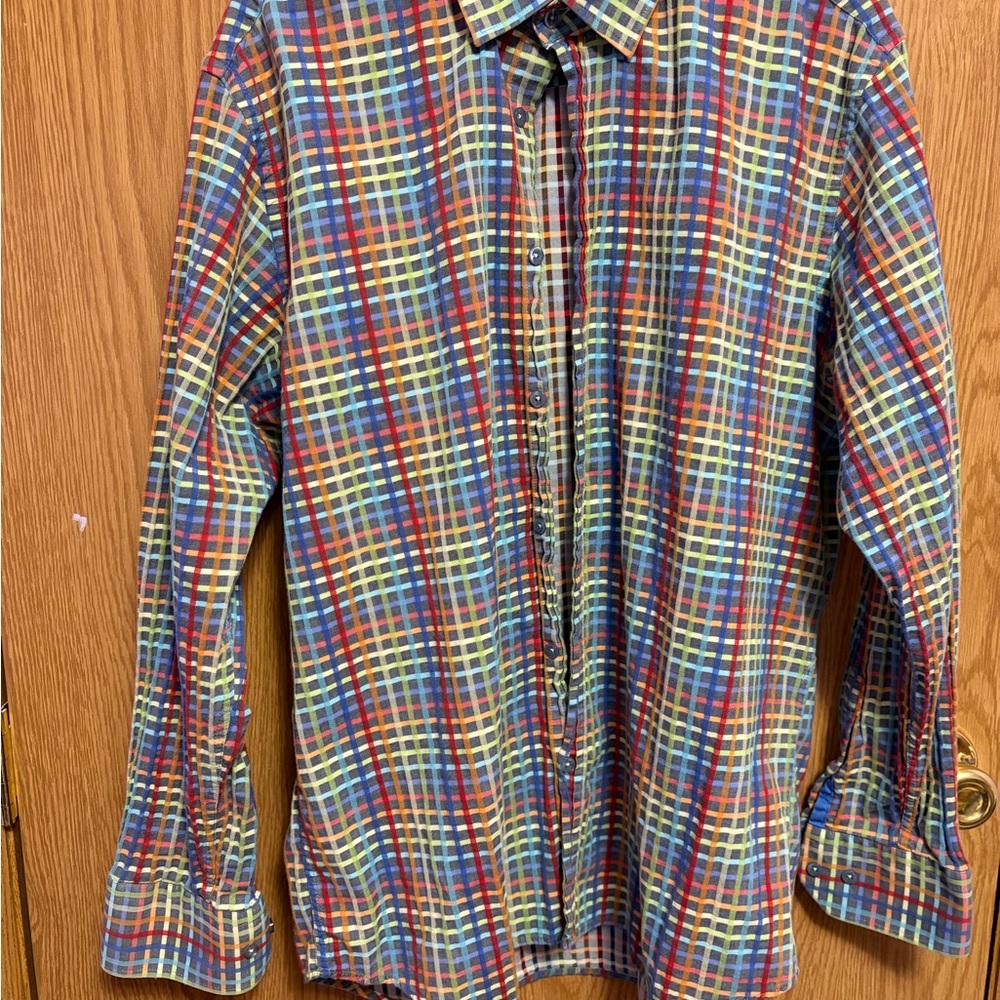 Luciano Visconti Mens Long Sleeve Button Down Shirt Plaid Multi Color Size L